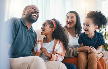Image showing Family, grandparents and children on sofa laughing for bonding, relationship and funny conversation. Home, living room and grandmother, grandfather and kids together for happiness, love and relax