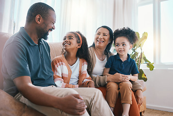 Image showing Family, grandparents and children on sofa with smile for bonding, relationship and love. Home, living room and happy grandmother, grandfather and kids together for happiness, laughing and relax