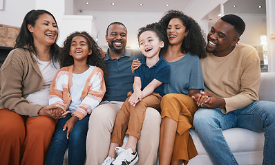 Image showing Family, happy grandparents and children on sofa with smile for bonding, relationship and love. Home, living room and senior parents with mother, father and kids together for happiness, joy and relax