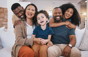 Image showing Family, grandparents and portrait of child on sofa with smile for bonding, relationship and love. Home, living room and senior parents with mom, dad and kid together for happiness, joy and relax