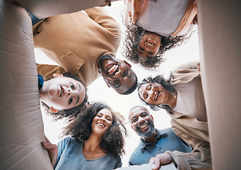 Image showing Family, open box and smile from below in portrait, circle or excited for present, gift or moving together in home. Happy, group or parents giving children and grandparents a package and parcel