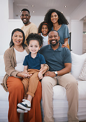 Image showing Family, grandparents and portrait of children on sofa with smile for bonding, relationship and love. Home, living room and senior parents with mom, dad and kids together for happiness, joy and relax