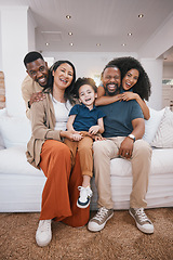 Image showing Happy, portrait and family generations on a sofa hugging in the living room of modern house. Love, smile and child with parents and grandparents relaxing together in the lounge of home in Colombia.