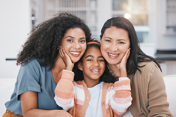 Image showing Portrait, mother and grandma of happy child in home living room bonding on sofa. Face, mom and grandmother of girl in lounge, smile and family having fun together in care, love and relax in house