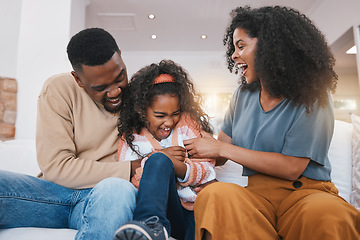 Image showing Family, parents and girl laugh on sofa for bonding, healthy relationship and love in living room. Home, tickle and happy mother, father and daughter together for happiness, playing and relax on couch