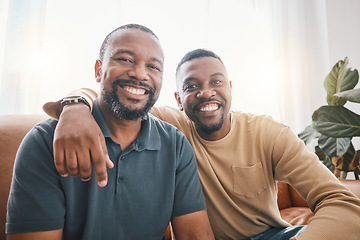 Image showing Senior African dad, son and sofa for portrait, hug and smile for love, bonding or care in living room. Mature black man, fathers day and child with happy embrace, relax or excited face in family home