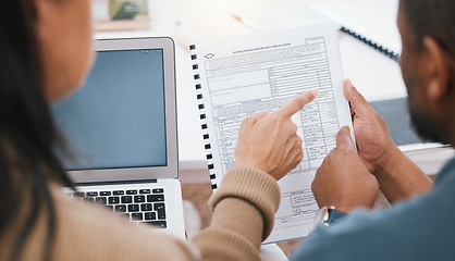 Image showing Hands, insurance documents and couple reading with laptop, pointing and financial decision in home. Man, woman and application by computer, planning or talk for budget, premium or safety for property