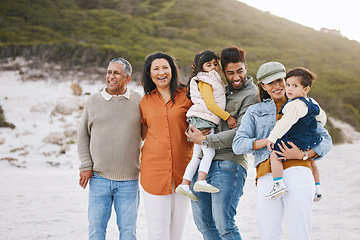 Image showing Happy, big family and portrait of vacation on beach with children, parents and grandparents together with love and freedom. Rio de janeiro, holiday and people with support and happiness in nature