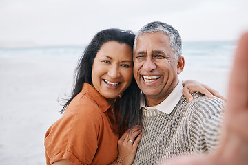 Image showing Beach, senior or selfie portrait of happy couple with love, smile or support for a romantic bond together. Ocean, old man or elderly woman taking photograph or picture memory in retirement in nature