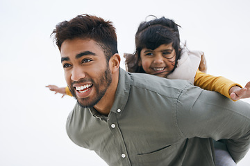 Image showing Outdoor, piggy back and father with girl, smile and bonding with happiness, love and vacation with mockup space. Happy family, daughter and child with parent, dad carrying kid and support with energy