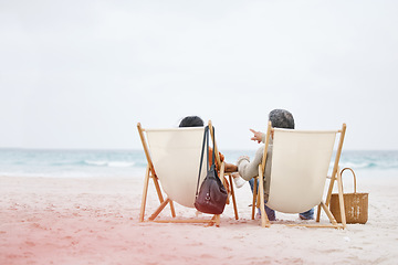 Image showing Relax beach, chair and back of couple love, support and communication on travel holiday, vacation or outdoor nature. Ocean sea water, sky mockup and marriage people freedom, wellness or island bond