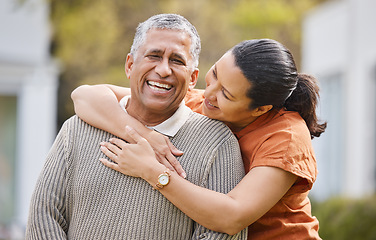 Image showing Love, happy and hug with portrait of old couple for support, romance or bonding. Retirement, smile and marriage with senior man and woman in backyard of home for relationship, care and relax together