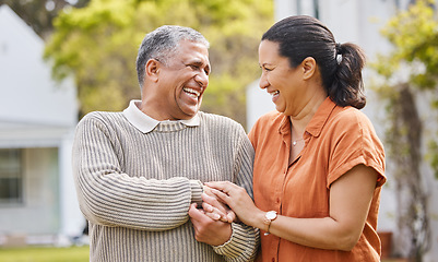 Image showing Love, happy and laughing with old couple holding hands for support, romance or bonding. Retirement, smile and marriage with senior man and woman in backyard of home for relationship, care and relax
