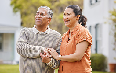 Image showing Love, happy and support with old couple holding hands for trust, romance or bonding. Retirement, smile and marriage with senior man and woman in backyard of home for relationship, care and relax