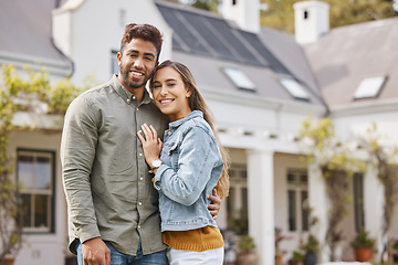 Image showing Portrait, smile of couple and outdoor at new home, bonding and having fun together. Love, happy man and woman by house in relationship, support and connection for moving in to real estate property