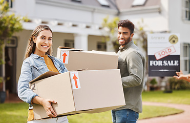 Image showing Couple, boxes and portrait for new home, real estate and property, homeowner and outdoor neighborhood. Young and happy interracial people with cardboard, moving in dream house together and sold sign