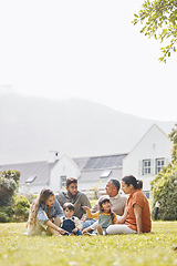 Image showing Picnic, family and garden of new home with love, support and grandparents with parents and kids. Backyard, smile and sitting mother, father and young children together with bonding outdoor and relax