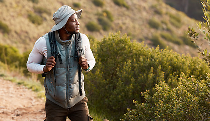 Image showing Hiking, thinking or black man in nature, forest or wilderness for trekking journey or adventure for freedom. Bush, holiday or African hiker walking in park or woods for exercise, fitness or wellness