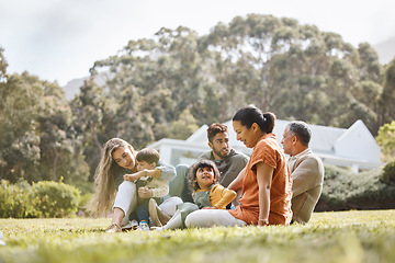 Image showing Happy, big family and garden of new home with love, support and grandparents with parents and kids. Backyard, smile and moving of mother, father and children together with bonding outdoor and field
