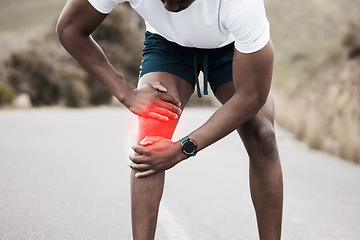 Image showing Runner man, knee pain and injury in street, red glow overlay and emergency with training, fitness and health. Guy, outdoor and accident with arthritis, osteoporosis or fibromyalgia in workout on road