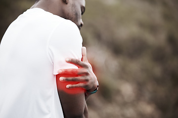 Image showing Arm, joint pain and man with fitness injury, health and wellness with red overlay, medical emergency and inflammation. Mockup space, training outdoor and muscle tension with glow and fibromyalgia