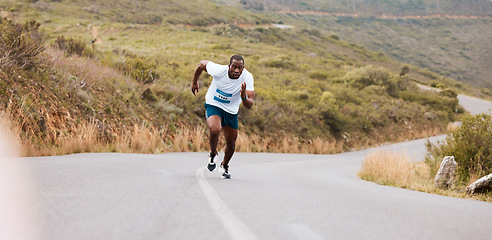 Image showing Outdoor, running and black man with fitness, cardio and training with wellness, fresh air and challenge. African person, runner and athlete with workout, exercise and endurance with health and energy