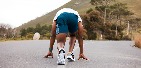 Image showing Man, start run in street and fitness outdoor with training for marathon, health and wellness, performance and action. Speed, back view and ready for race with exercise, athlete and sports workout