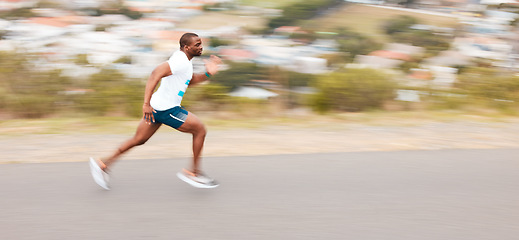 Image showing Fast, road and a black man running for cardio, exercise and training for a marathon. Sports, health and an African runner or person in the street for a workout, fitness or athlete commitment