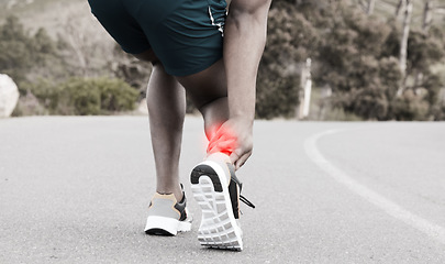 Image showing Fitness, injury or runner with ankle pain on road to exercise legs in training or outdoor cardio workout. Red glow, emergency or injured sports athlete suffering from broken foot after running a race