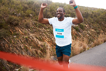 Image showing Black man, winner of race and fitness with cheers, athlete and sports with running in street and competition. Marathon, winning and celebration with African runner, happy champion and success outdoor