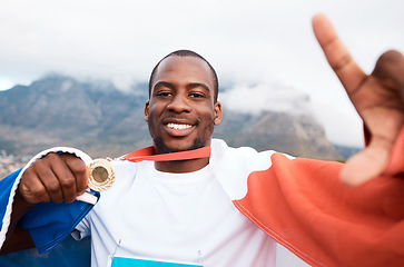 Image showing Winner portrait, flag or black man with gold medal, emoji sign and pose for marathon runner, competition or champion picture. Target success photo, achievement or France athlete with race prize award