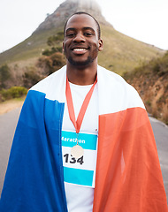 Image showing Winner portrait, flag and black man, fitness runner and marathon champion of challenge, outdoor competition or triathlon. Success, winning achievement and France athlete with medal, award or prize