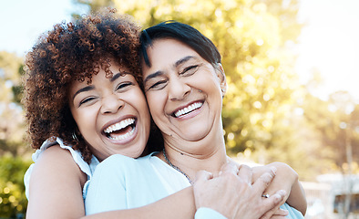 Image showing Mature mother, woman and hug at park in love, care and bonding for trust, support and funny laugh outdoor. Happy mom, adult daughter and embrace in nature for healthy relationship of family together