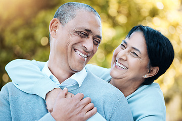 Image showing Happy smile and senior couple hugging in park laughing for comic, comedy or funny joke in conversation. Love, nature and elderly man and woman in retirement bonding and having fun together in field.