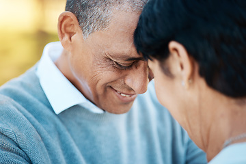 Image showing Smile, connection and senior couple embracing in a park on a romantic date together in nature. Love, happy and elderly man and woman in retirement hugging for care, marriage or support in a garden.