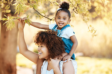 Image showing Piggyback, love and mother with girl child in a park happy, freedom and adventure in nature together. Portrait, smile and kid with mom in a forest for games, travel or explore with care and bonding