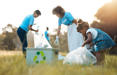 Image showing Nature, community service and family recycle, cleaning garbage pollution and support environment, volunteering or help. People teamwork, child and plastic clean up, charity project or recycling trash