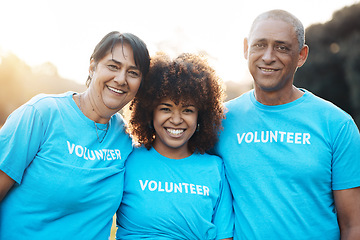 Image showing Nature, portrait and happy people, group and volunteer for community service, solidarity or NGO teamwork. Sustainable environment care, nonprofit society and eco friendly team for Earth Day support