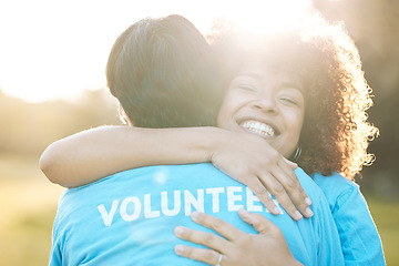 Image showing Nature, community volunteer and happy people hug, support and NGO team celebrate environment care. Teamwork, nonprofit service and eco friendly team happy, embrace and help with park outreach project