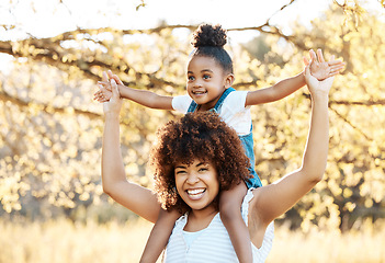 Image showing Airplane, portrait and mother with girl child in a park happy, freedom and adventure in nature together. Flying, piggyback and kid with mom in a forest for games, travel or explore with care and love