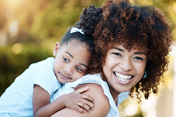 Image showing Portrait, happy mother and piggyback child in park, bonding and having fun together. Face, mom smile and carrying kid in nature, care and support in healthy relationship, connection and love outdoor