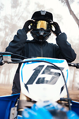 Image showing Sports, dirt bike and speed with person on motorcycle in forest for challenge, training and performance. Fast, fitness and freedom with man riding in nature for travel, journey and adventure