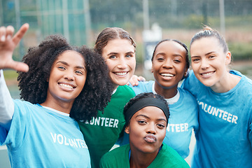 Image showing Volunteer, woman and portrait for charity and community support on netball field with diversity and smile. Happiness, people and teamwork for ngo project, solidarity and mission outdoor in nature