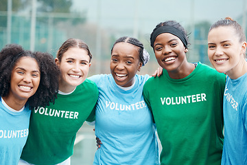 Image showing Happy women, portrait and volunteers in sports fitness, netball or outdoor exercise together for community. Group of athletic players smile and hug in team sport, motivation or volunteering on court