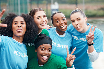 Image showing Volunteer, portrait and woman for charity and community support on netball field with diversity and smile. Happiness, people and teamwork for ngo project, solidarity and mission outdoor in nature