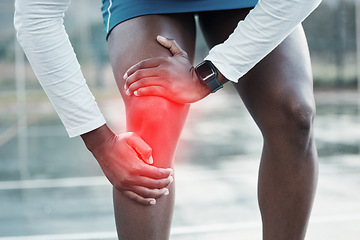 Image showing Person, hands and knee injury in sports accident, training or muscle inflammation from outdoor workout. Closeup of athlete with leg pain, joint ache or arthritis after running, exercise or cardio
