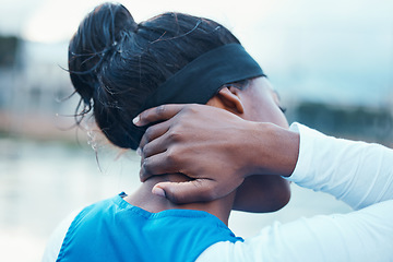 Image showing Black woman, hand and neck pain in sports injury, accident or emergency from outdoor exercise. Closeup of African female person with spine ache, inflammation or tension from workout, training or run