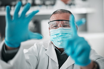 Image showing Medical, research and man with science, click and selection with mask, vaccine and healthcare. Senior person, researcher or scientist with gloves, futuristic and option with biotechnology or solution