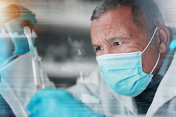 Image showing Medical, research or man with test tube, hologram or mask with vaccine, chemistry and futuristic. Senior person, researcher or expert with gloves, future and holographic with biotechnology or science