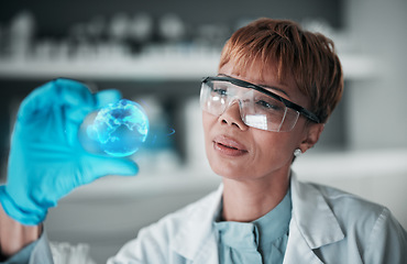 Image showing Medical, research and woman with science, hologram and globe with vaccine, futuristic and healthcare. Senior person, researcher and scientist with gloves, future and holographic with biotechnology